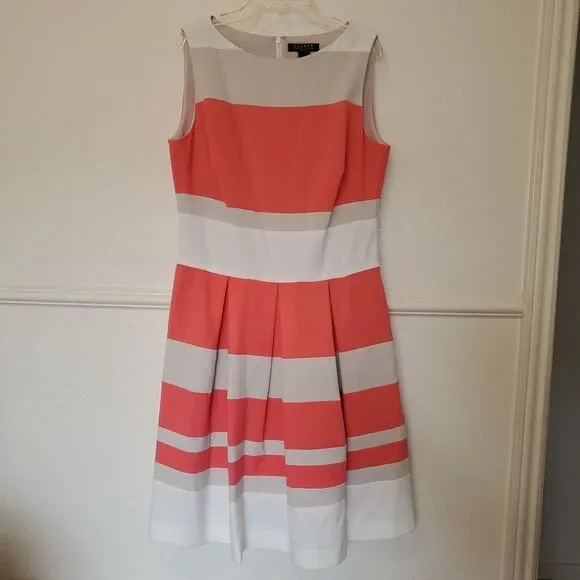 Lauren Ralph Lauren Dress Sleeveless Coral Beige Pleated Women’s Size 10 Lined - Picture 1 of 14